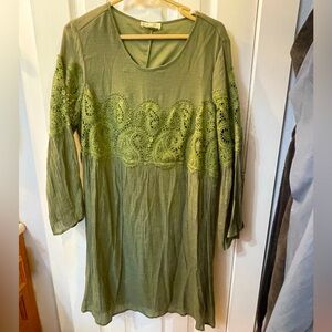 Knox Rose olive green midi dress lined and crochet lace and bell sleeves.